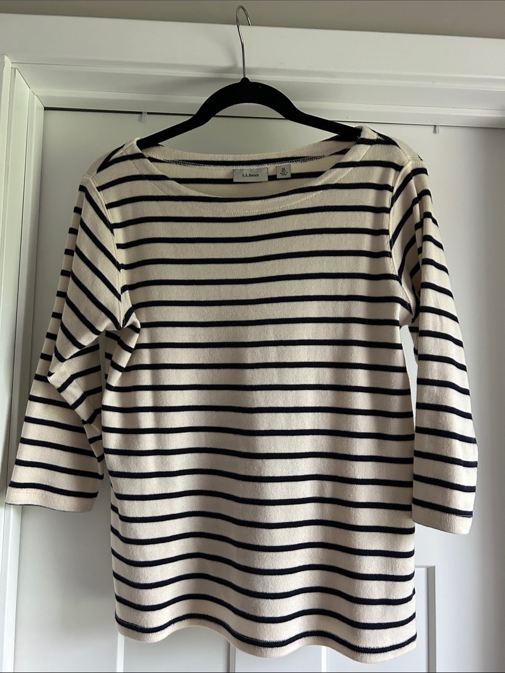 L.L. Bean Cream and Black Striped Long Sleeve Boatneck Top